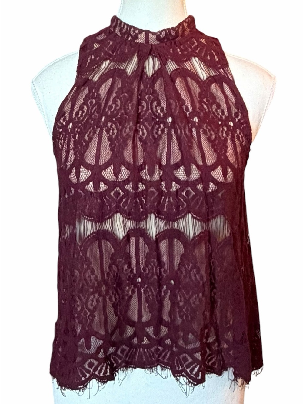 Love Fire Lace Halter-Neck Sleeveless Top - Burgundy S